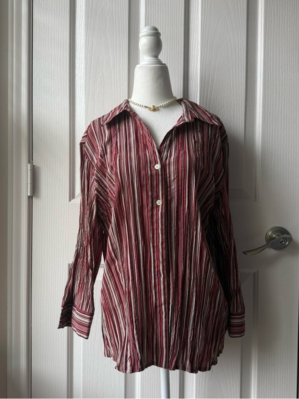 Striped Button-Front Women’s Blouse in Burgundy and Cream